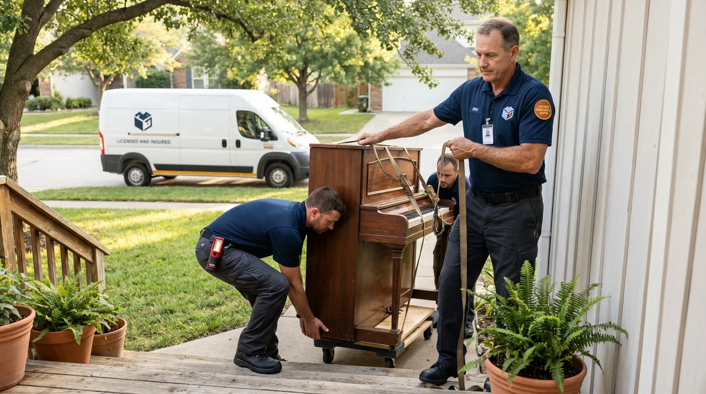 Licensed piano movers securing grand piano in Southbury, CT