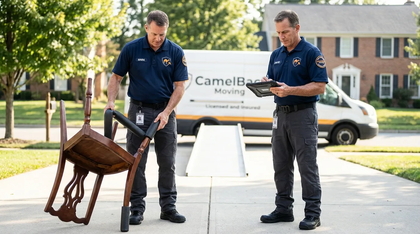 Movers inspecting furniture for damage prevention before loading in Southbury, CT