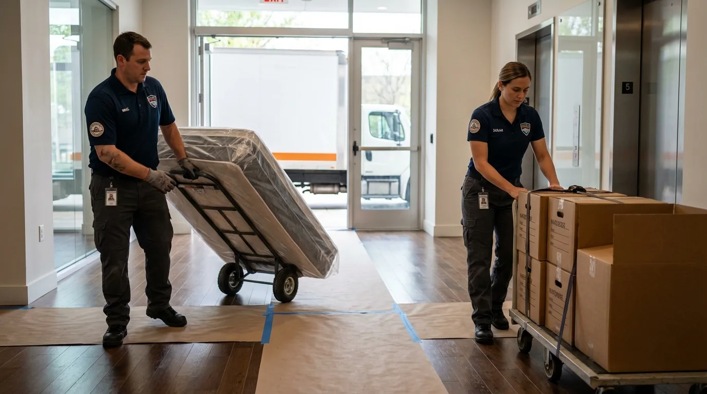 Professional apartment movers loading elevator in Southbury, CT