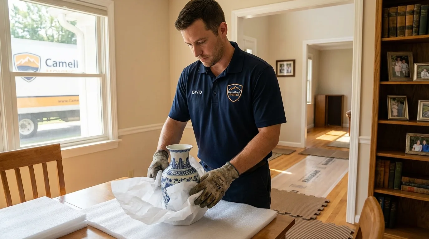Professional crew carefully wrapping antique vase for senior downsizing move in Southbury, CT
