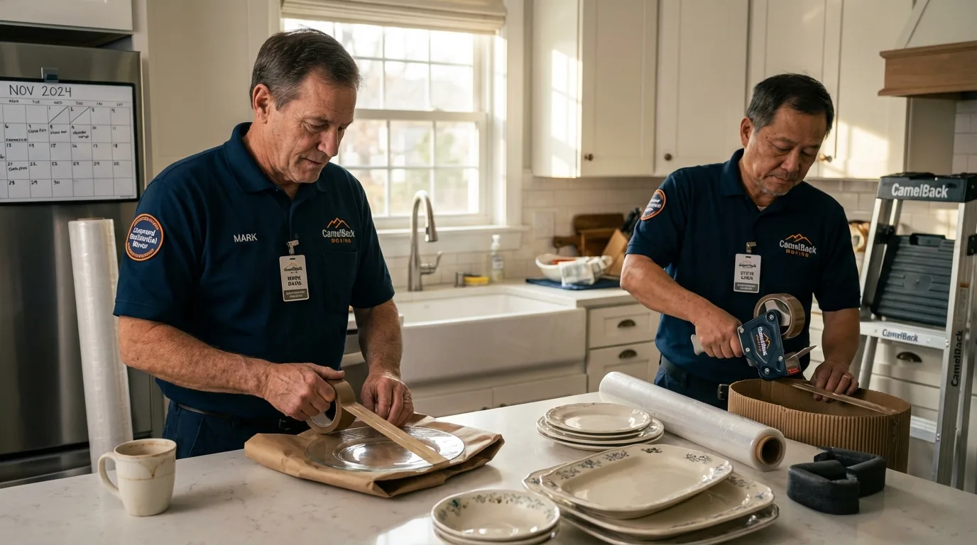 Professional crew packing kitchen dishware in Southbury, CT